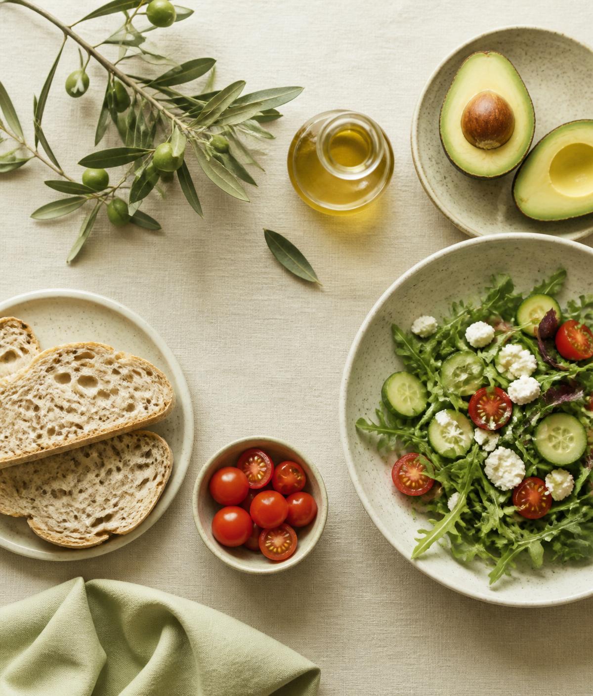 Composição elegante de alimentação saudável — folhas verdes, azeite e ingredientes frescos